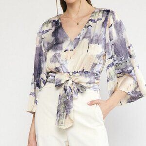 Entro Cropped Blouse Small Smokey Blue and Cream